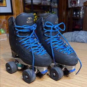 Black Roller Skates black leather suede with Blue Laces